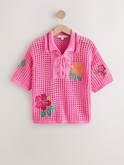 Pink Floral Embroidered Print Cotton Mesh Knit Lace-Up Polo Top - Image 6 of 8