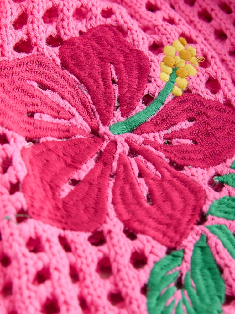 Pink Floral Embroidered Print Cotton Mesh Knit Lace-Up Polo Top - Image 8 of 8