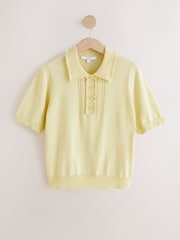 Butter Yellow Soft Touch Cotton Rich Short Sleeve Frill Polo Shirt - Image 1 of 3