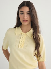 Butter Yellow Soft Touch Cotton Rich Short Sleeve Frill Polo Shirt - Image 4 of 7