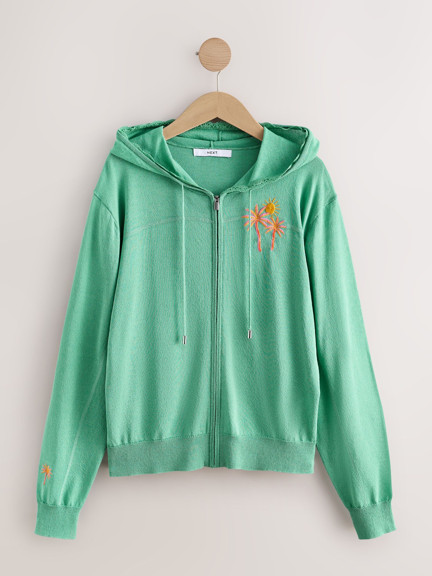 Buy Mint Green Lightweight Sheer Knit Zip Up Hooded Cardigan from