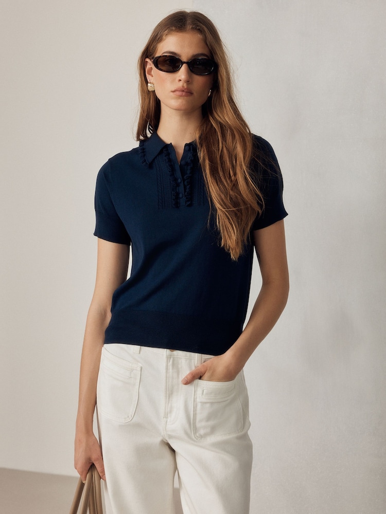 Navy Blue Soft Touch Cotton Rich Short Sleeve Frill Polo Shirt - Image 1 of 6