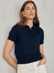 Navy Blue Soft Touch Cotton Rich Short Sleeve Frill Polo Shirt - Image 2 of 6