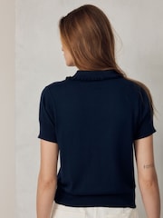 Navy Blue Soft Touch Cotton Rich Short Sleeve Frill Polo Shirt - Image 3 of 6