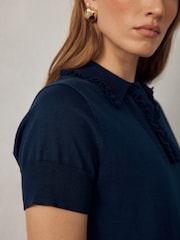 Navy Blue Soft Touch Cotton Rich Short Sleeve Frill Polo Shirt - Image 4 of 6