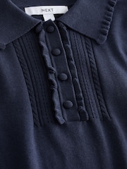 Navy Blue Soft Touch Cotton Rich Short Sleeve Frill Polo Shirt - Image 5 of 6