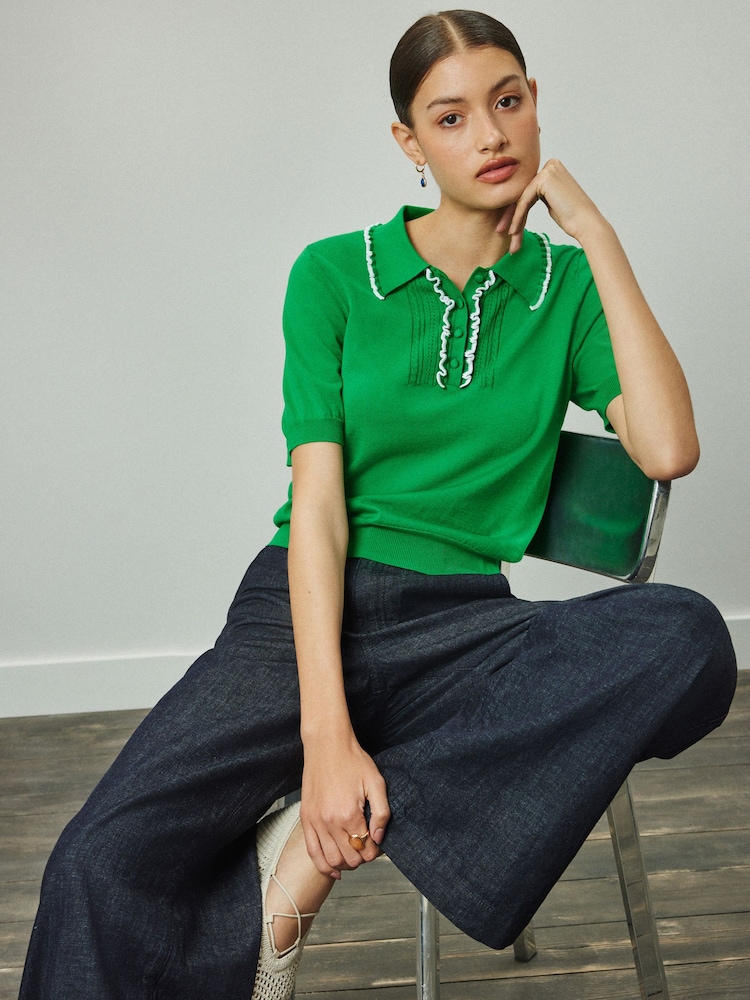 Green Soft Touch Cotton Rich Short Sleeve Frill Polo Shirt - Image 1 of 7