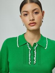 Green Soft Touch Cotton Rich Short Sleeve Frill Polo Shirt - Image 4 of 7