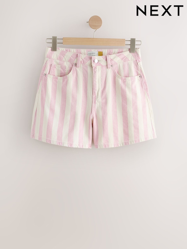 Pink Striped High Rise A-Line Denim Shorts - Image 5 of 5