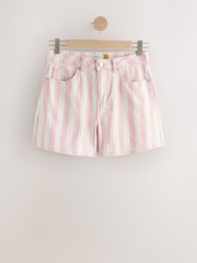 粉色條紋 - High Rise A-Line Denim Shorts - 圖片 6/8