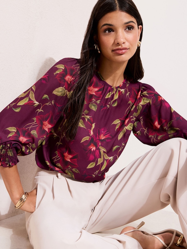 Friends Like These Burgundy Floral 3/4 Sleeve Shirred Cuff Blouse - Image 1 of 4