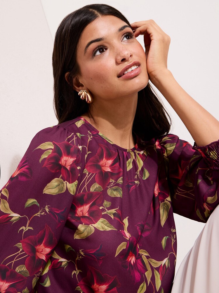 Friends Like These Burgundy Floral 3/4 Sleeve Shirred Cuff Blouse - Image 2 of 4