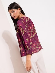 Friends Like These Burgundy Floral 3/4 Sleeve Shirred Cuff Blouse - Image 4 of 4