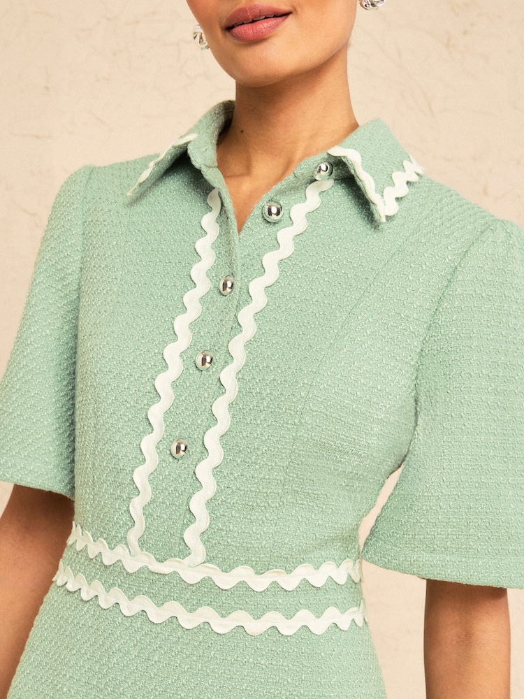 Love & Roses Mint Green Boucle Scallop Trim Mini Dress - Image 2 of 4