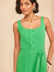 Love & Roses Bright Green Linen Look Scallop Detail Strappy Midi Dress - Image 2 of 4