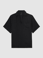 Reiss Black Quest Linen Pinstripe Open-Collar Shirt - Image 2 of 7