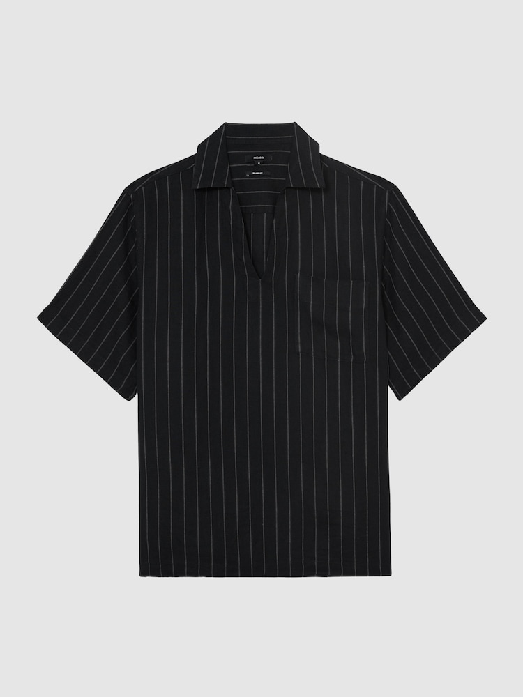 Reiss Black Quest Linen Pinstripe Open-Collar Shirt - Image 2 of 7
