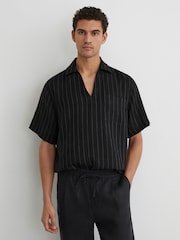 Reiss Black Quest Linen Pinstripe Open-Collar Shirt - Image 3 of 7
