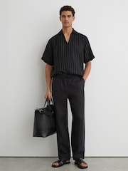 Reiss Black Quest Linen Pinstripe Open-Collar Shirt - Image 4 of 7