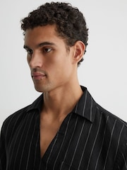 Reiss Black Quest Linen Pinstripe Open-Collar Shirt - Image 5 of 7