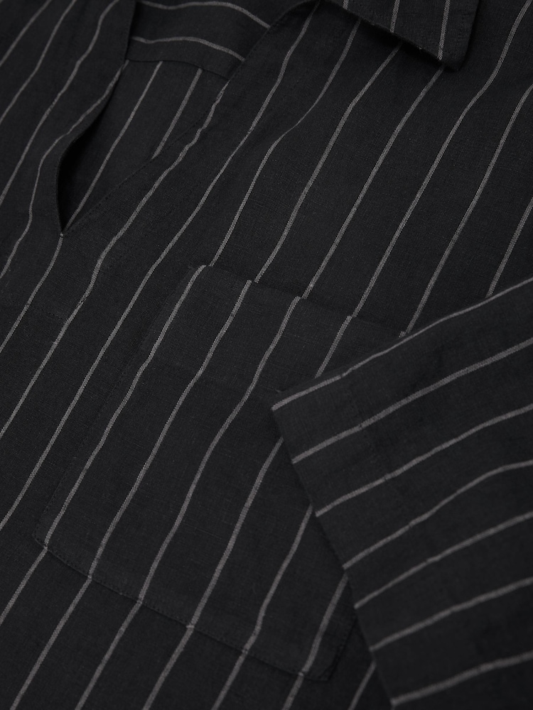 Reiss Black Quest Linen Pinstripe Open-Collar Shirt - Image 7 of 7