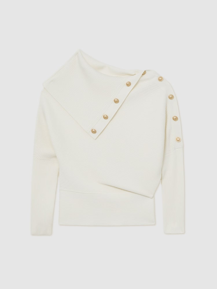 Reiss Ivory Lexi Rib-Knit Button Shawl Jumper - Image 2 of 7 Reiss Ivory Lexi Rib-Knit Button Shawl Jumper - Image 2 of 7