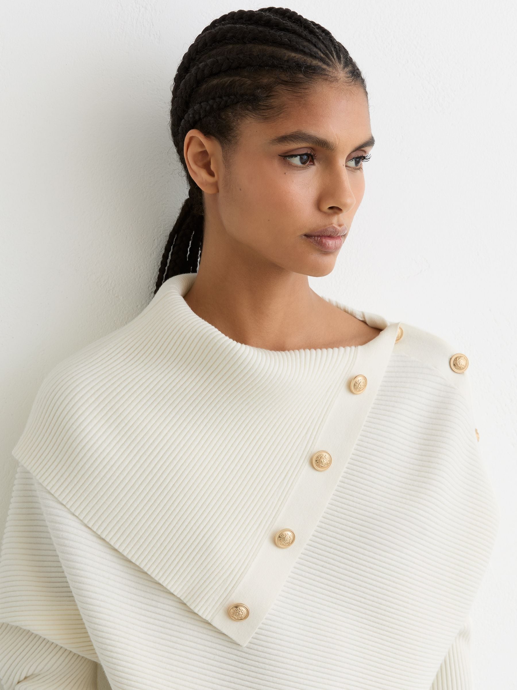 Buy Reiss Ivory Lexi Rib-Knit Button Shawl Jumper from Next USA