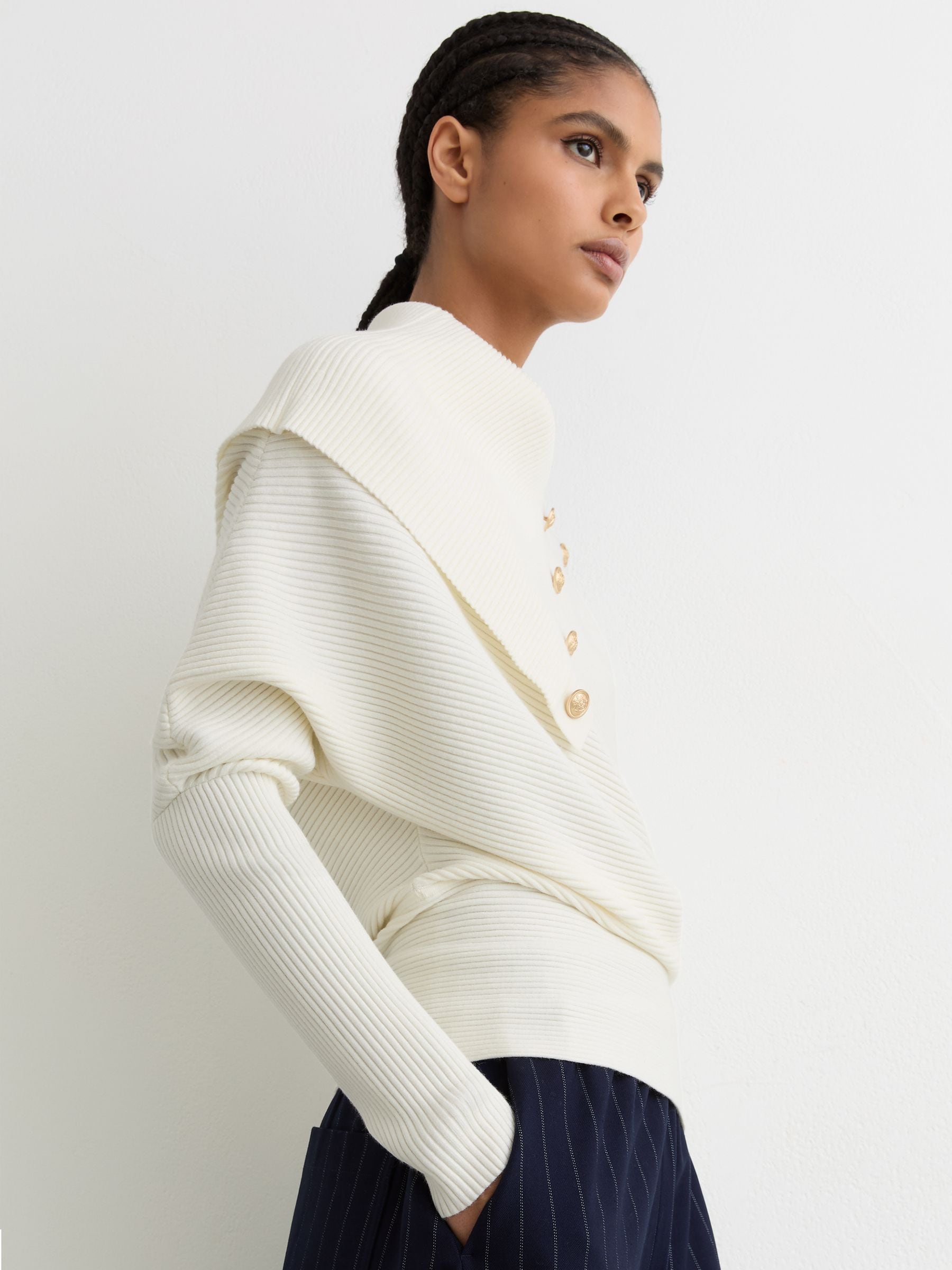 Buy Reiss Ivory Lexi Rib-Knit Button Shawl Jumper from Next USA Buy Reiss Ivory Lexi Rib-Knit Button Shawl Jumper from Next USA