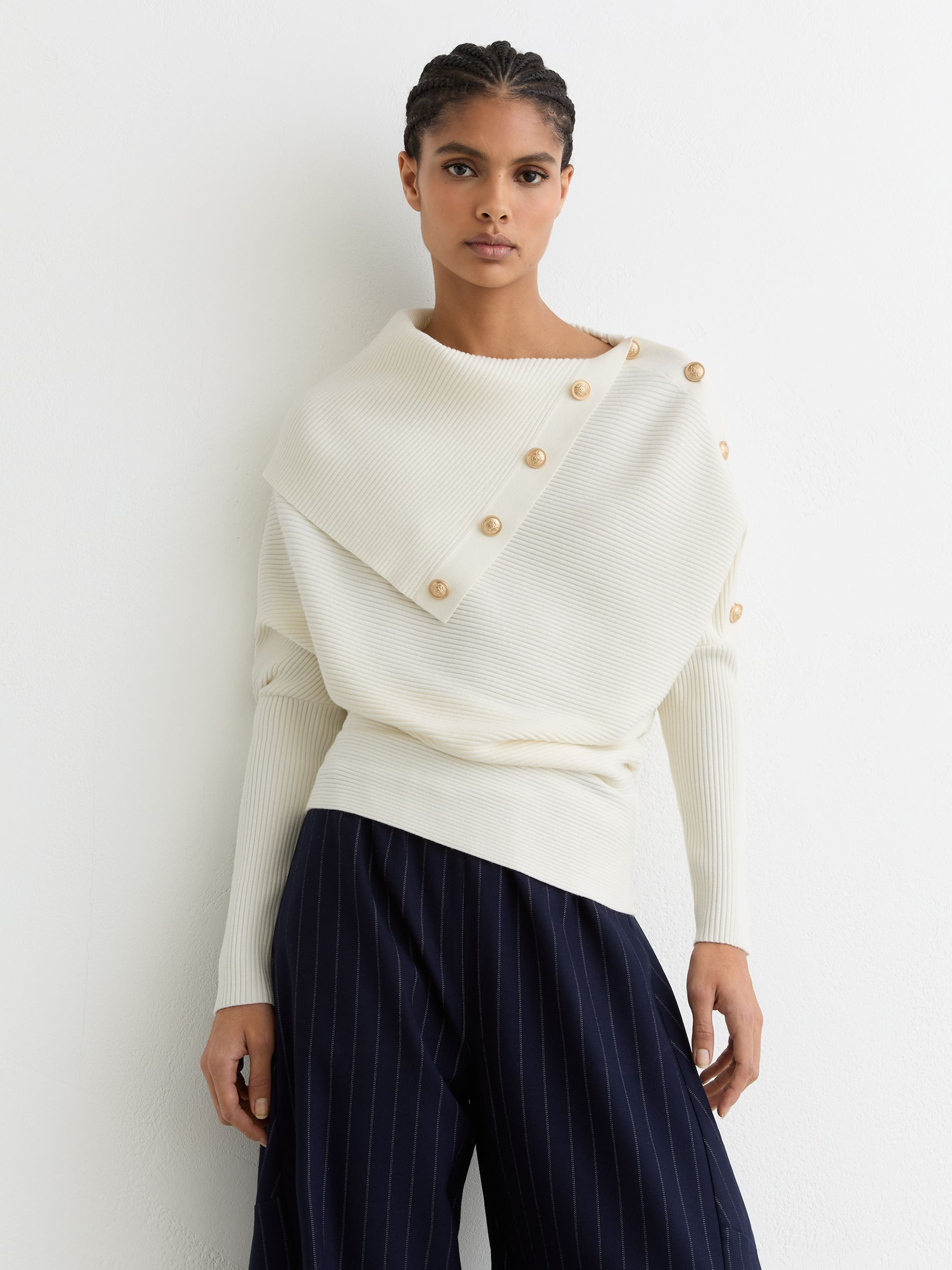 Buy Reiss Ivory Lexi Rib-Knit Button Shawl Jumper from Next USA