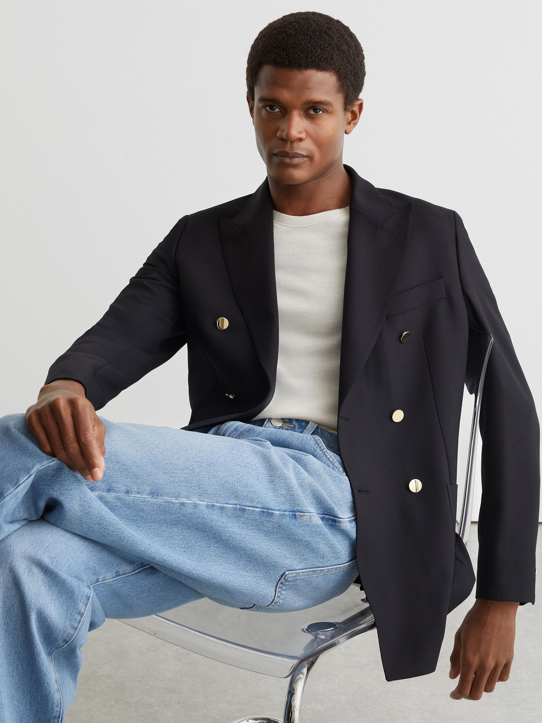Buy Reiss Navy Captain Db Hopsack Double-Breasted Blazer Classic