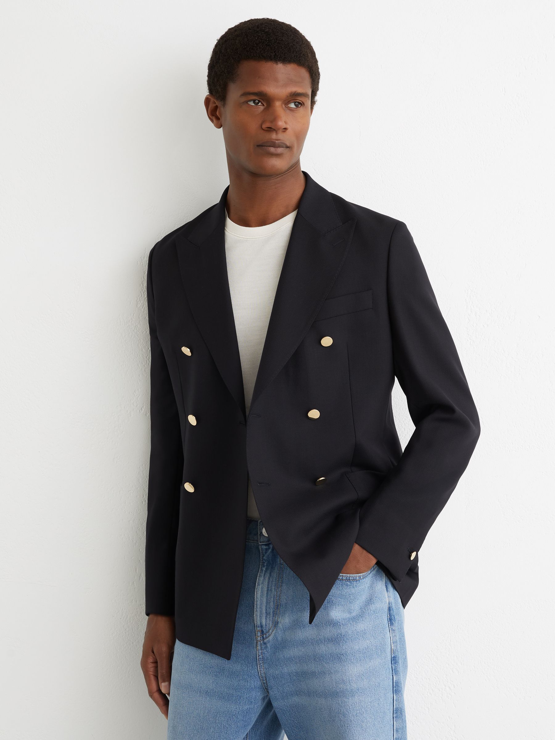 Buy Reiss Navy Captain Db Hopsack Double-Breasted Blazer Classic