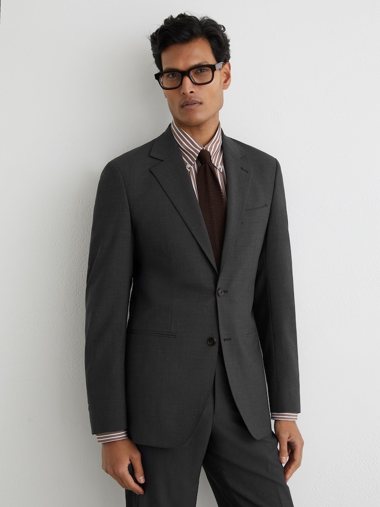 Reiss Grey Promise Wool-Blend Single-Breasted Suit Classic-Fit Blazer - Image 1 of 8