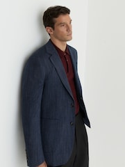 Reiss Navy Manci Single-Breasted Herringbone Blazer Tailored-Fit with Cotton - Image 1 of 8