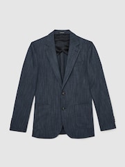 Reiss Navy Manci Single-Breasted Herringbone Blazer Tailored-Fit with Cotton - Image 2 of 8