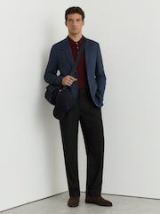 Reiss Navy Manci Single-Breasted Herringbone Blazer Tailored-Fit with Cotton - Image 4 of 8