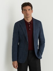 Reiss Navy Manci Single-Breasted Herringbone Blazer Tailored-Fit with Cotton - Image 5 of 8