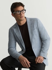 Reiss Soft Blue Manci Single-Breasted Herringbone Blazer Tailored-Fit with Cotton - Image 1 of 8