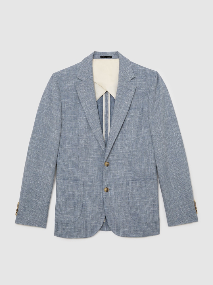 Reiss Soft Blue Manci Single-Breasted Herringbone Blazer Tailored-Fit with Cotton - Image 2 of 8