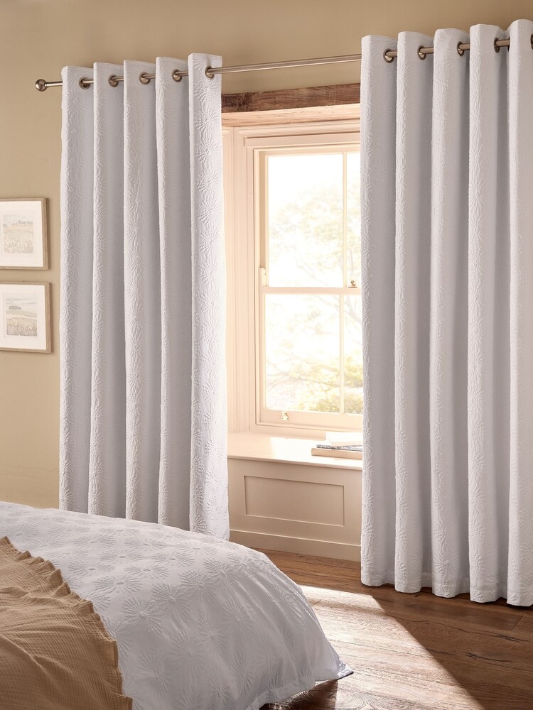 White Floral Textured Blackout/Thermal Eyelet Curtains - Image 2 of 6 White Floral Textured Blackout/Thermal Eyelet Curtains - Image 2 of 6