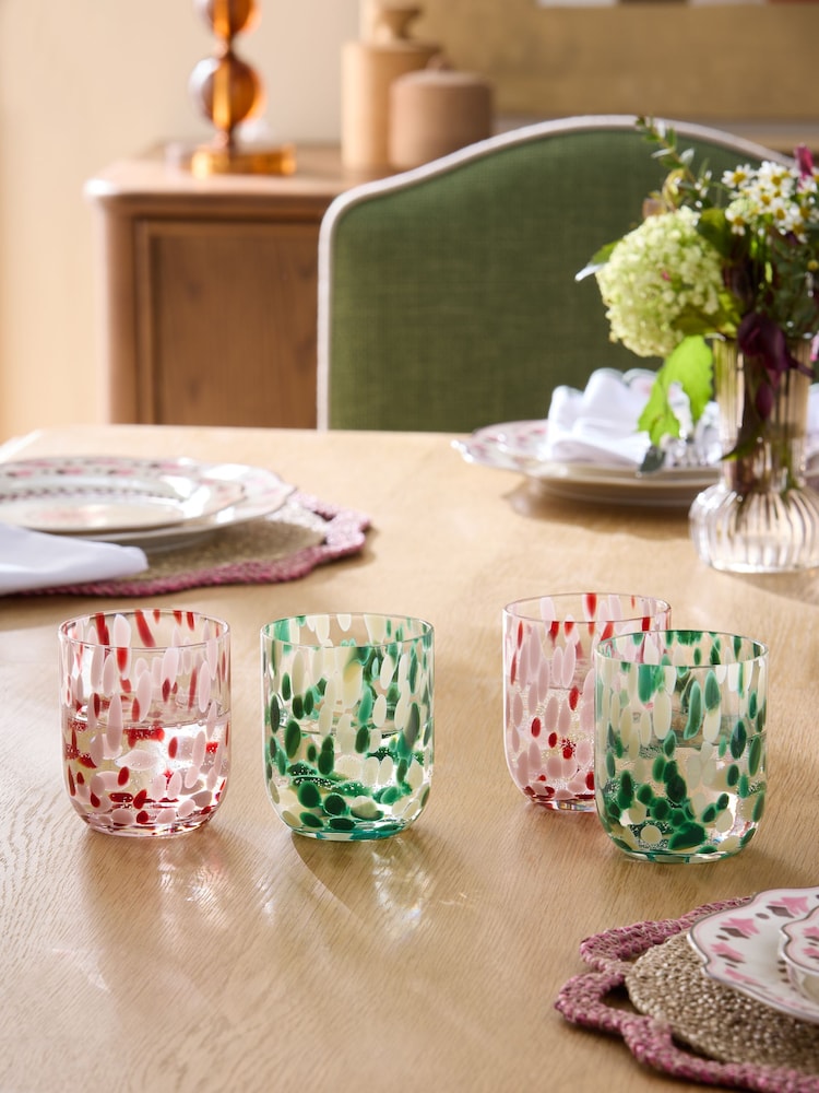 Nina Campbell Set of 4 Green/Pink Confetti Tumbler Glasses - Image 1 of 5 Nina Campbell Set of 4 Green/Pink Confetti Tumbler Glasses - Image 1 of 5