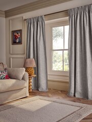 Dark Natural/Grey Textured Slub Blackout/Thermal Pencil Pleat Curtains - Image 3 of 6