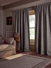 Dark Natural/Grey Textured Slub Blackout/Thermal Pencil Pleat Curtains - Image 4 of 6