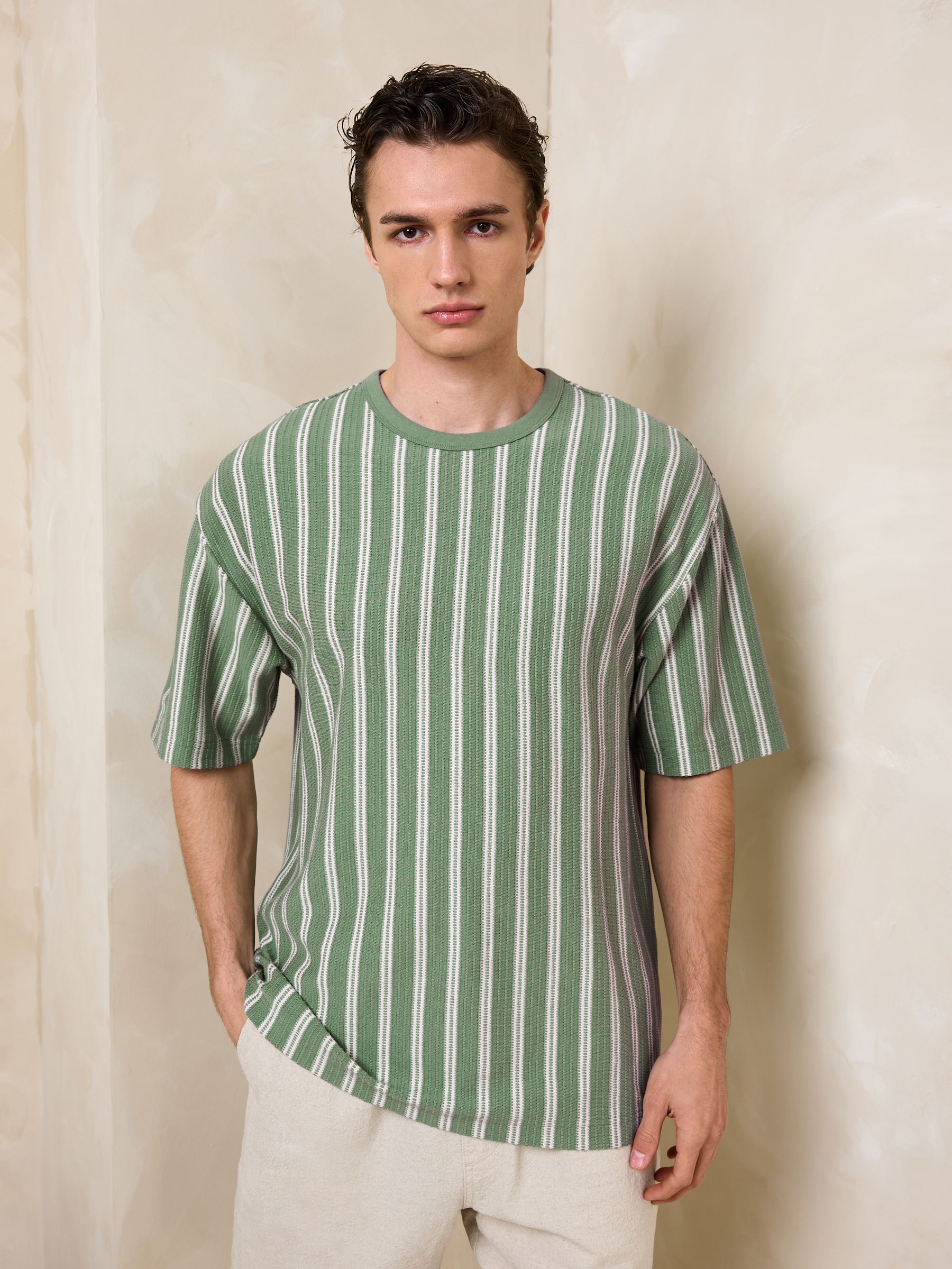 Buy Зелений/Білий - Textured Stripe Heavyweight Relaxed Fit T