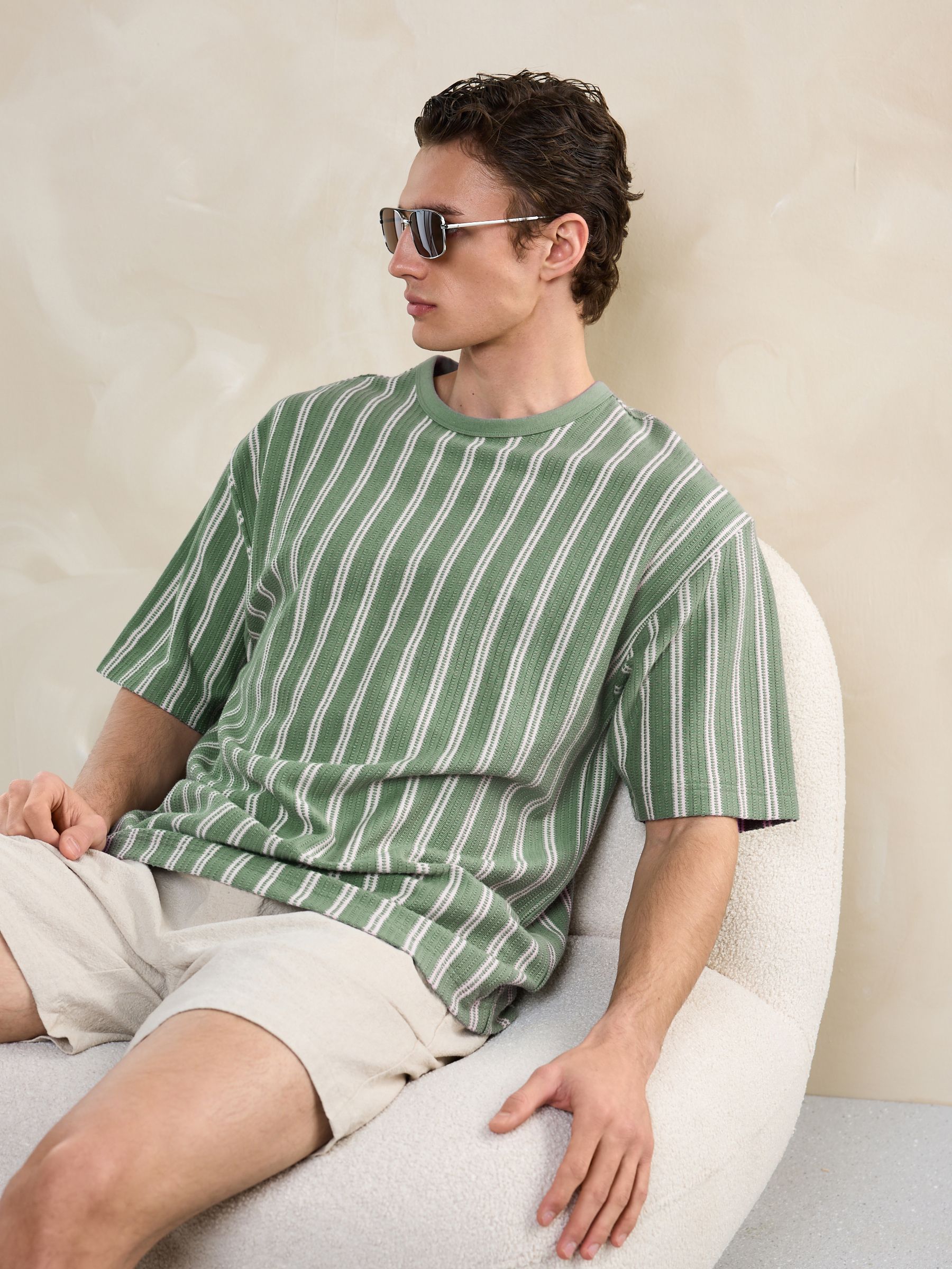 Buy Зелений/Білий - Textured Stripe Heavyweight Relaxed Fit T