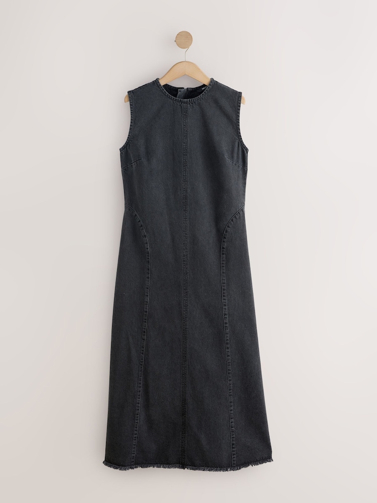 Washed Black Seamed Sleeveless Denim Maxi Dress - Image 1 of 3