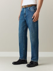 Mid Blue Denim Straight Fit Belted Jeans - Image 1 of 11