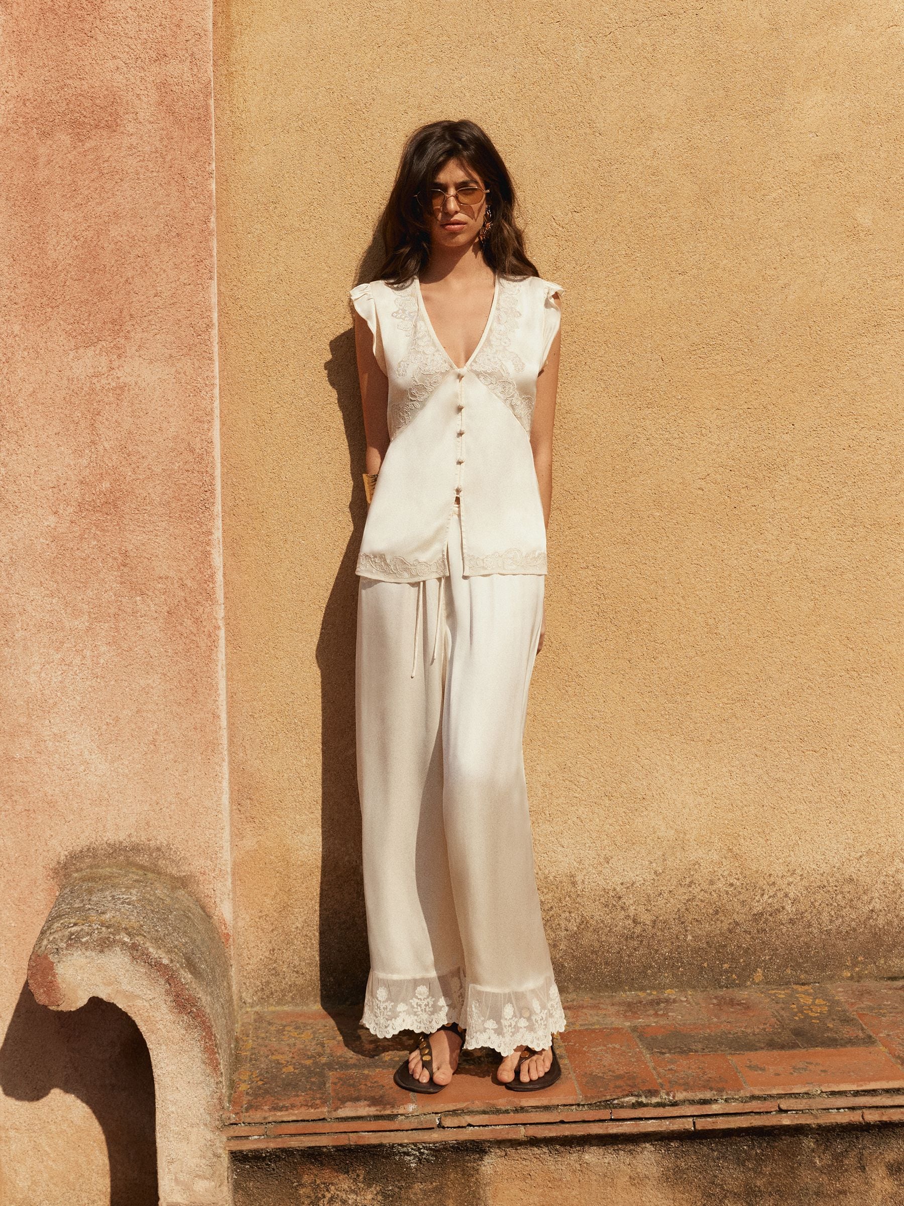 BHOEM Ecru Embroidered Lace Detail Fluid Satin Pull On Trousers