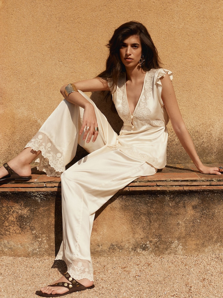 BHOEM Ecru Embroidered Lace Detail Fluid Satin Pull On Trousers - Image 2 of 6