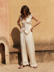 BHOEM Ecru Embroidered Lace Detail Fluid Satin Pull On Trousers - Image 3 of 6