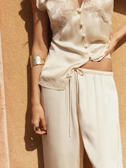 BHOEM Ecru Embroidered Lace Detail Fluid Satin Pull On Trousers - Image 4 of 6